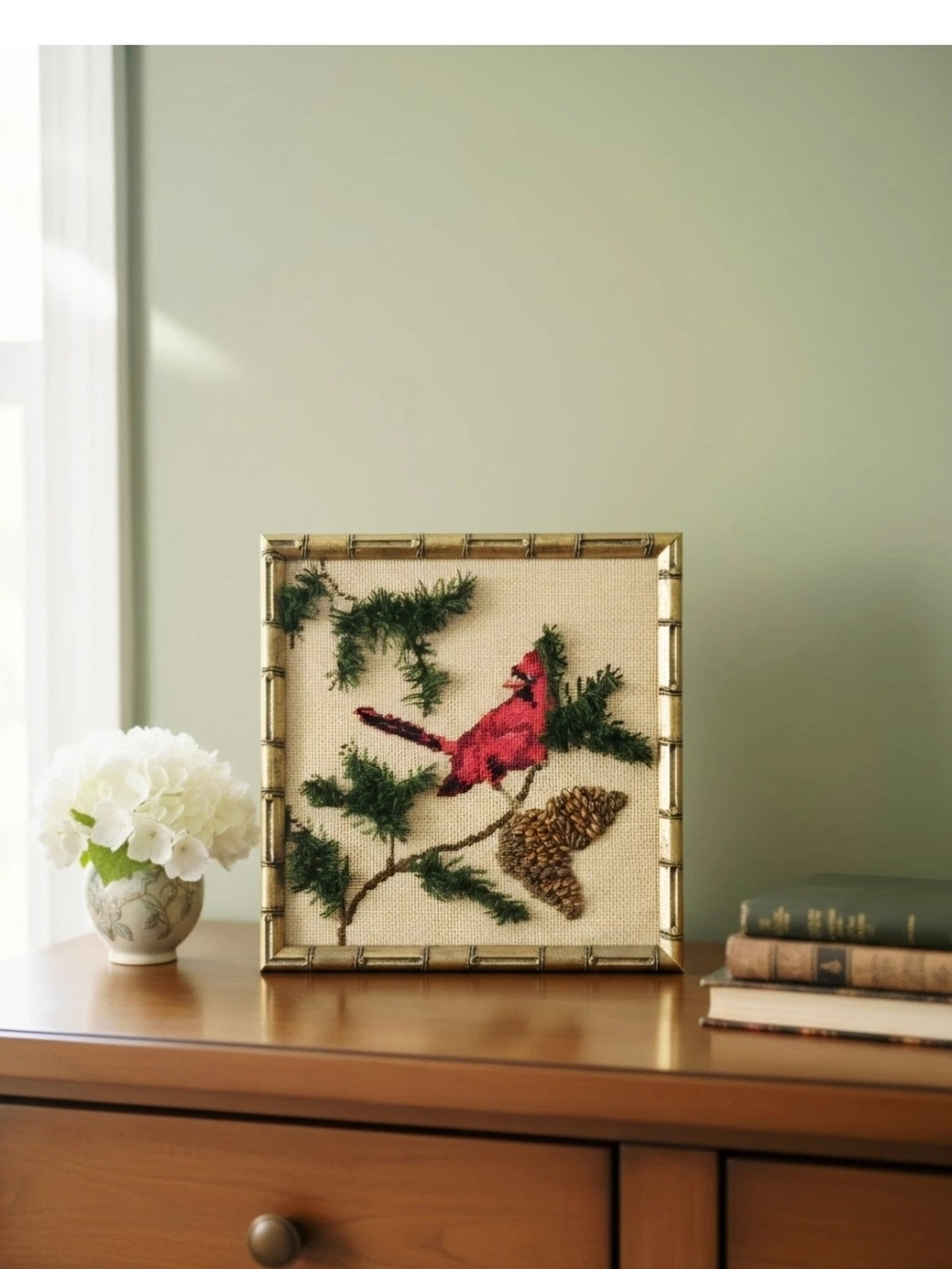 Vintage Crewel Needlework Pair Cardinals 1940's Wool Thread Wood Frame 13"×13"